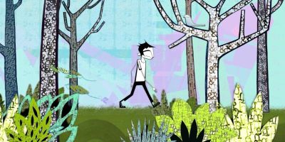 A black and white animated person walks in a forest against a blue sky