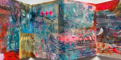 Concertina book filled with colourful and expressive shapes and marks in a variety of media.