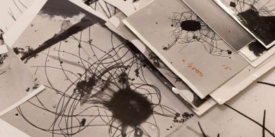 Black and white photographs taken by an electron microscope laid out overlapping on a table.