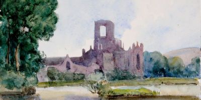 A watercolour painting of a ruined abbey or castle, surrounded by loosely painted trees and foliage