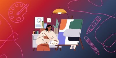 Graphic of a person drawing on easels surrounded by pink line illustrations of art materials, on a gradient blue, pink and orange background.