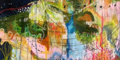 A colourful freely painted abstract work, incorporating drawing in other media