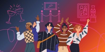 Graphic of a group of people celebrating surrounded by pink line illustrations of drinks and art on a background gradient of blue, pink and orange.