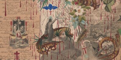 Detail of a decoupage artwork featuring motifs such as mythological figures, flowers, crosses, handwriting and blood drips.