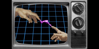 A television set showing two hands meeting, generating a lightning bolt.