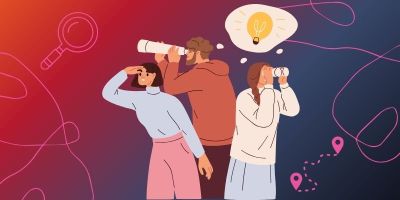 Graphic of people using telescopes to search for something, on a gradient blue, pink and orange background.