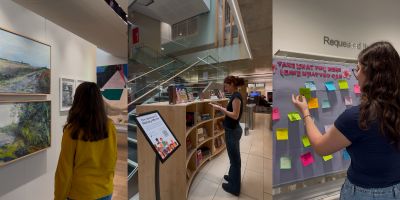 3 images in one collage. The far left one is a person looking at a painting in the gallery. The middle image shows a person reading a book in the library. The image on the right is of a person taking a sticky note from a board.