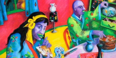 A bright, colourful painting showing two people sat at a table eating cakes and pastries.