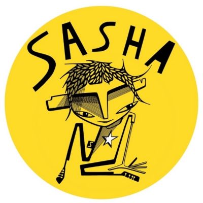 SASHA Society's logo, a yellow circle with a seated animated person