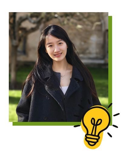A headshot of student Qianxiu with a lightbulb illustration.