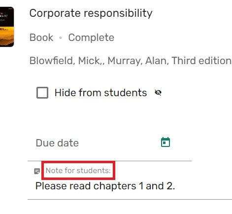 A screenshot that shows the Full Details window showing a Note for Students saying Please Read Chapters 1 and 2.