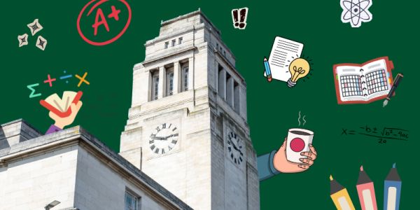 The Parkinson tower surrounded by exam and revision ephemera