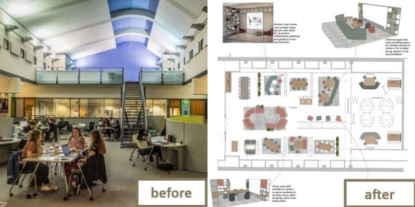 photograph of current group area compared to floor plan of new design