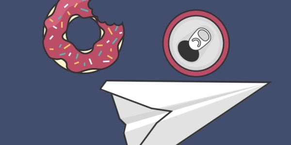 A graphic illustration of a paper aeroplane, a drinks can and a donut.