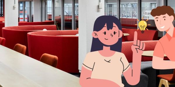 An illustrated woman and man against a real photograph of library desks. They points upwards to an illustrated lightbulb to symbolise collaborating on new ideas.