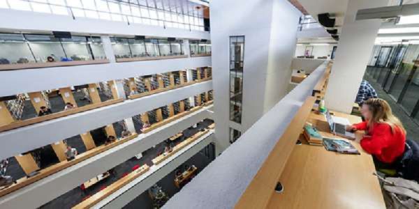 View into atrium from level 13 of the Edward Boyle Library