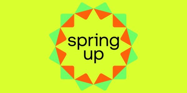 The logo for the spring up festival 2026. The logo has a highlighter yellow background and features the text 'spring up' in the centre of a red and green circle.