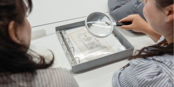 A top down view of two women looking at a document with a magnifying glass.
