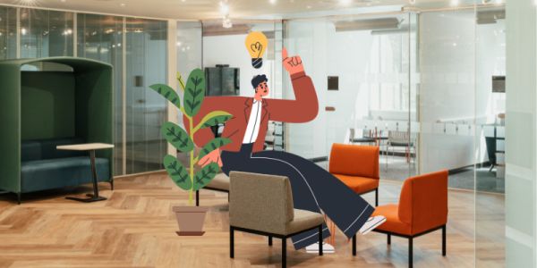 A photo of a seating area in the HELIX space. An illustrated person sits on a chair with a lightbulb above their head, signifying an idea.