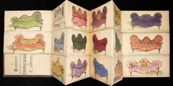 A folded-page item with several illustrations of brightly coloured furniture.