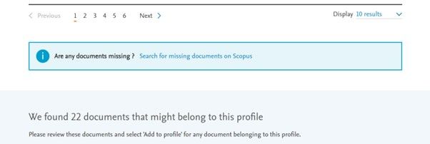 A screenshot of the Scopus system that shows the 'Are any documents missing?' button.