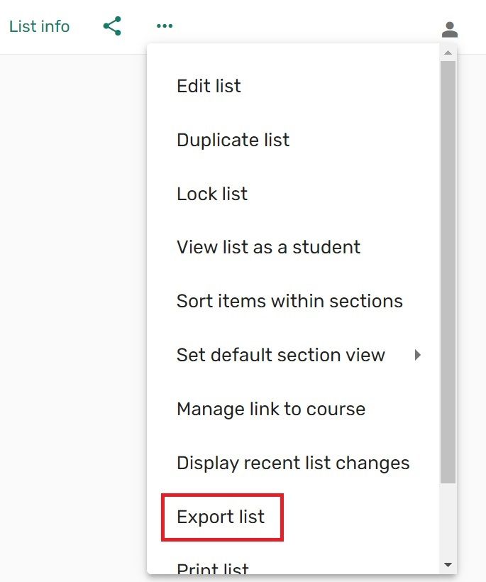 A screenshot that shows the Export List item in the ellipsis menu.