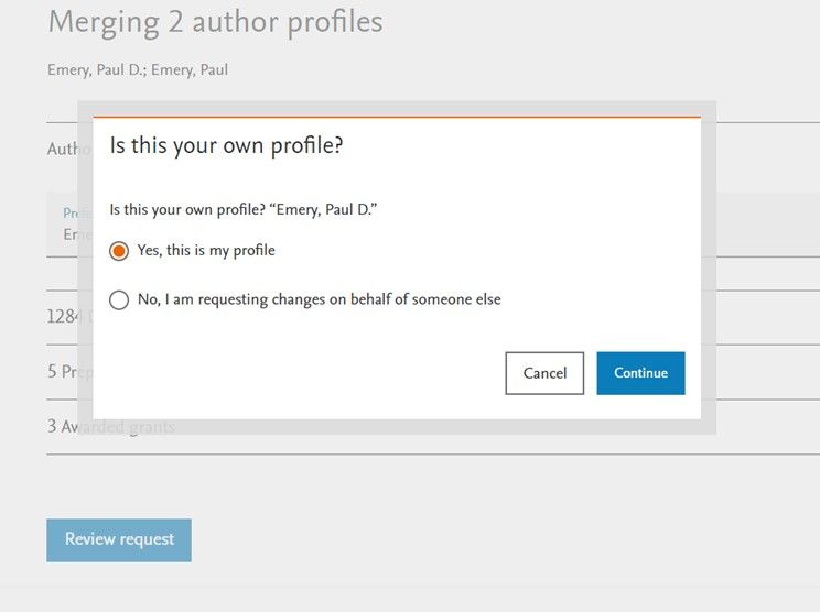 A screenshot of the Scopus system that shows a pop-up box that allows users to submit a request to merge author profiles.
