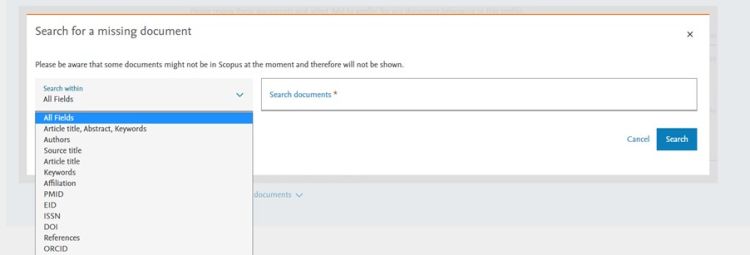 A screenshot of the Scopus system that shows the list of fields users can use to search for documents.