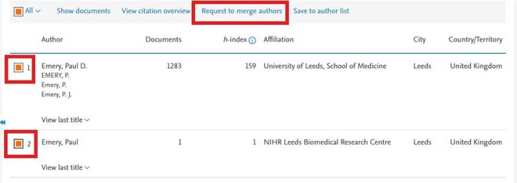 A screenshot of the Scopus system that shows where to select profiles and the 'Request to merge authors' button.