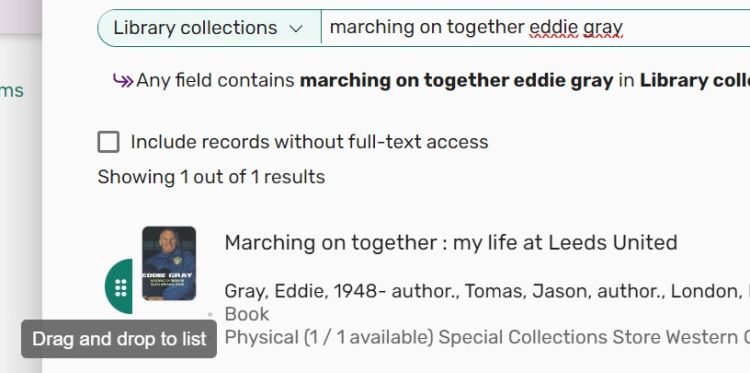 A screenshot that shows a library collections search result list showing the citation handle used to drag it into a reading list