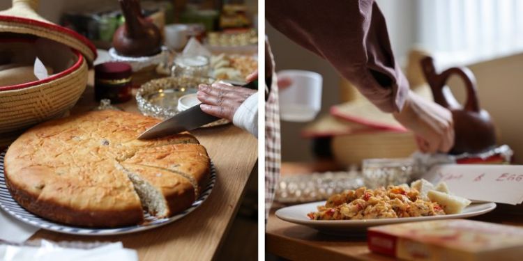 Two photographs side by side of food laid out on a table. The left photo is a round, pale yelllow cake being sliced. The right photo is a plate of eggs with someone preparing a hot drink.