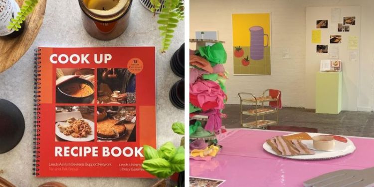 Two photographs side by side. On the left is a square orange cookbook surrounded by cooking ingredients. On the right is a gallery exhibition with a pink table in the foreground and paintings and photographs on the far wall.