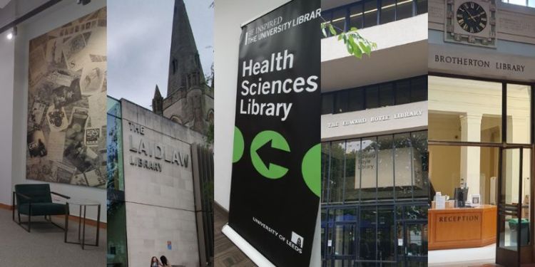 Collage of five photographs of libraries on the University of Leeds campus. From left to right: Special Collections, Laidlaw, Health Sciences, Edward Boyle and Brotherton.