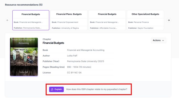 A screenshot of the Sylla system that shows where the 'Explain' button is located to understand resource recommendations.
