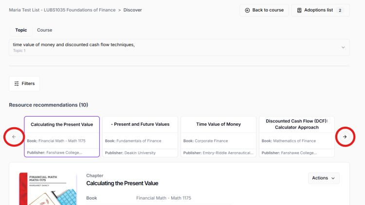 A screenshot of the Sylla system that shows where the arrows are located to browse through resource recommendations.