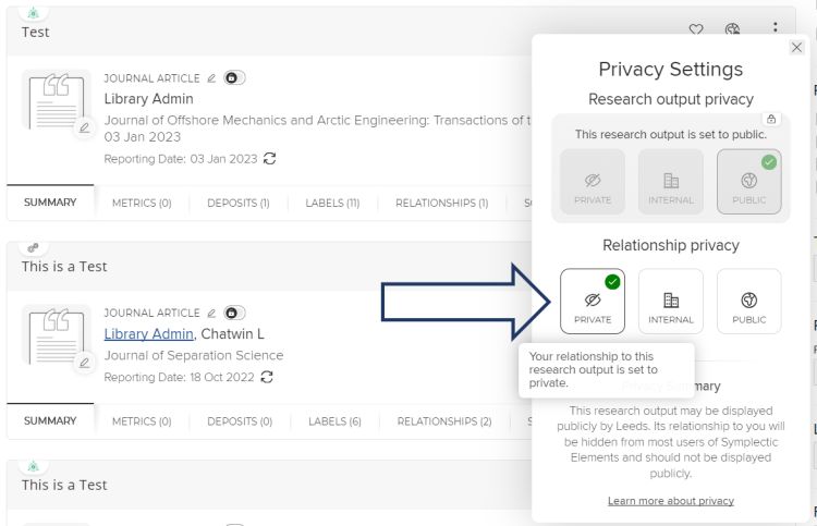 A view of the Elements software showing the privacy settings. An arrow points to a button in the right-hand menu that allows you to hide your relationship to a research output.