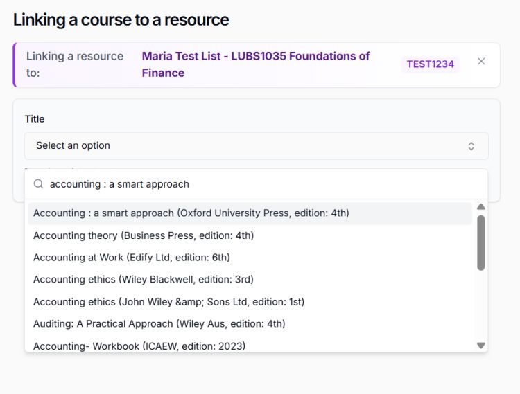 A screenshot of the Sylla system that shows how to search for a resource to add to a course.