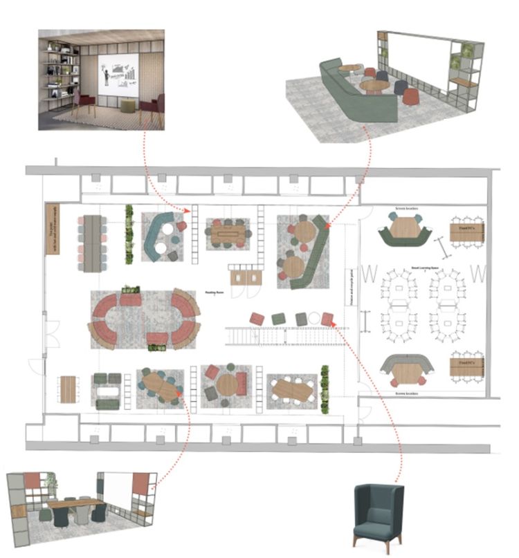 A floorplan drawing of group space furniture layout