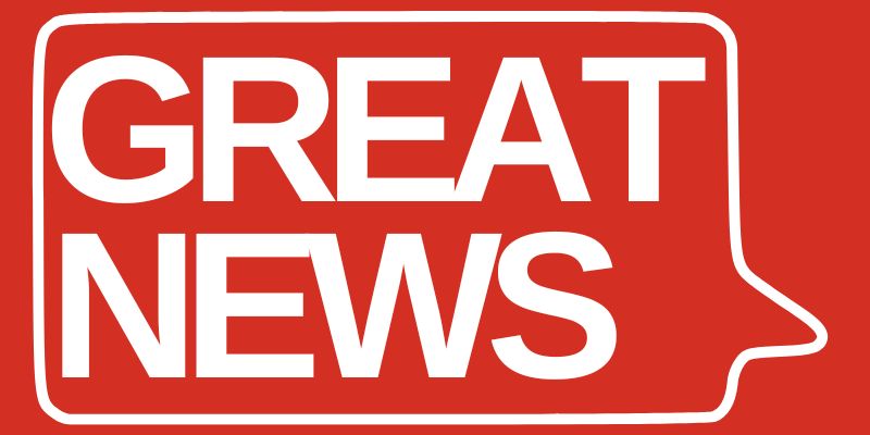 "Great news" in a speech bubble on a red backgroun