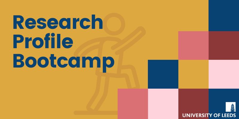 Header for Research Profile Bootcamp. The title reads Research Profile Bootcamp and features a cartoon stickman on a yellow background running up a number of differently shaped blocks