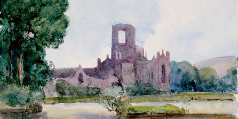 A watercolour painting of a ruined abbey or castle, surrounded by loosely painted trees and foliage