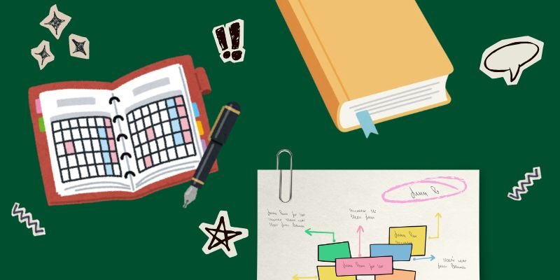 An illustrated study-themed graphic on a dark green background. It shows an open planner with a pen, a closed yellow book and a sheet of paper with a paperclip that shows colourful flowchart boxes. It suggests planning, studying and organisation.