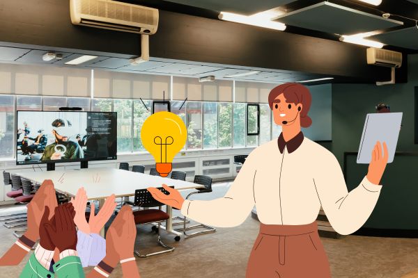 A photo of the Helix event space with an illustrated graphic of a woman presenting to an applauding audience.