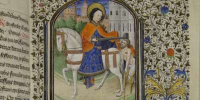 Illustration from a medieval manuscript showing St Martin on a horse