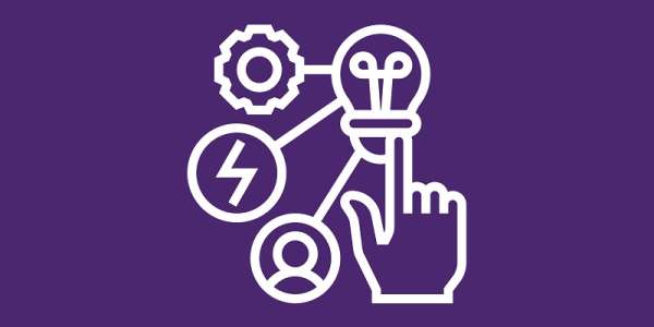 graphic of a finger pointing at a lightbulb connected to a cog, person and lightning bolt