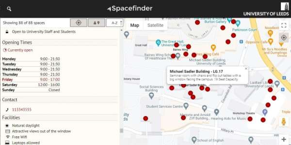 The Spacefinder website showing a map location with its opening hours